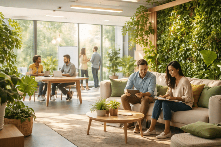 Modern healthy workspace with natural light and greenery supporting employee well-being and productivity