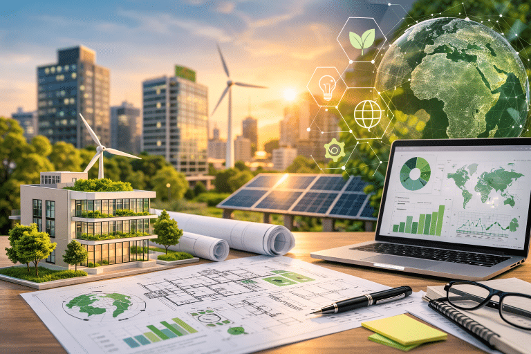 LEED v5 exam preparation concept with sustainable buildings, solar panels, and professionals studying green building certification