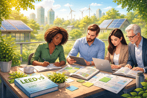 LEED v5 exam preparation concept with sustainable buildings, solar panels, and professionals studying green building certification