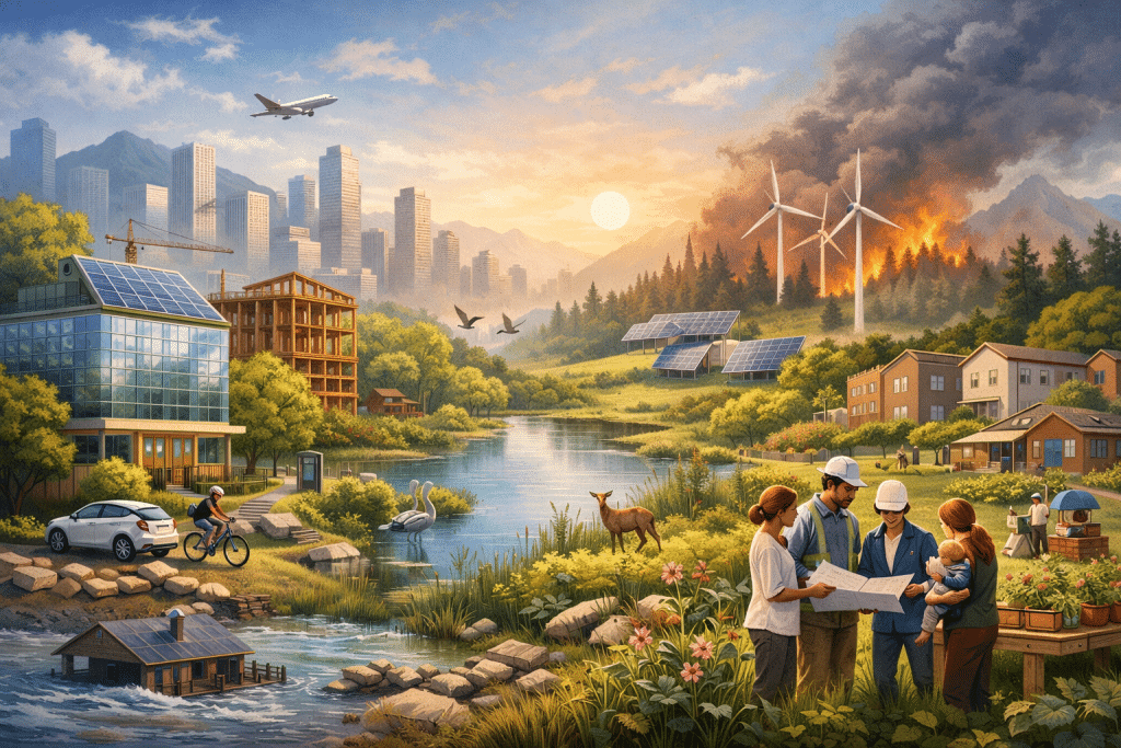 LEED v5 sustainable city showing green buildings, renewable energy, and climate resilience