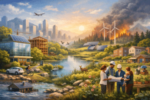 LEED v5 sustainable city showing green buildings, renewable energy, and climate resilience