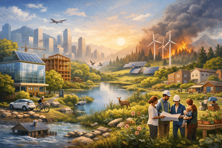 LEED v5 sustainable city showing green buildings, renewable energy, and climate resilience